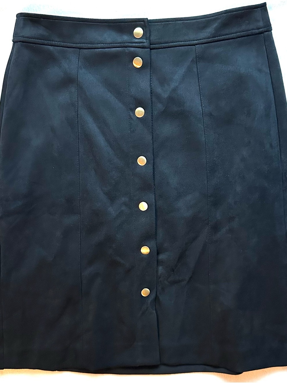 Ann Taylor Loft Black Faux Suede Gold Button Front Pencil Fitted Skirt 8P Petite